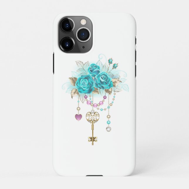 Coque iPhone Roses turquoise avec touches (Dos)