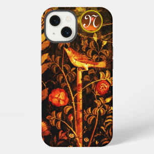 Etui iPhone 13 ROSSIGNOL AVEC MONOGRAMME ROSES, Rouge Noir Jaune