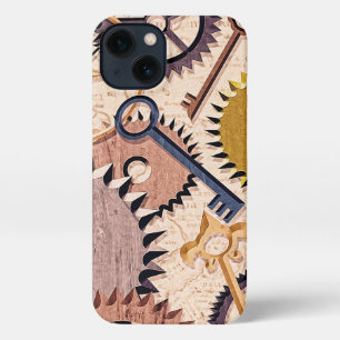 Etui iPhone 13 Roues à vapeur, engrenages, clés, vieille carte Pe
