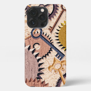 Etui iPhone 13 Pro Roues à vapeur, engrenages, clés, vieille carte Pe