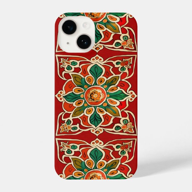 Coque iPhone Rouge Vert Orange Jaune Azulejos Motif Floral (Verso)