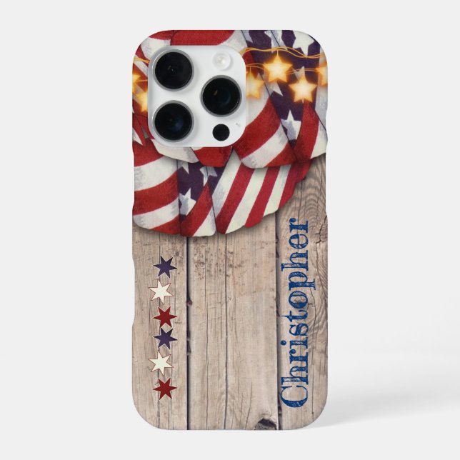 Coque iPhone Rustic Wood Stars Patriotique Rouge Blanc Nom Pers (Verso)