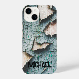 Coque Pour iPhone 14 Rustique vieux bleu vert peinture bois Nom personn