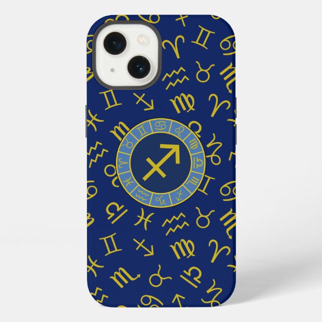 Coque iPhone Sagittaire Zodiac+Astrologie Symboles Ptn Gld+Blue (Verso)