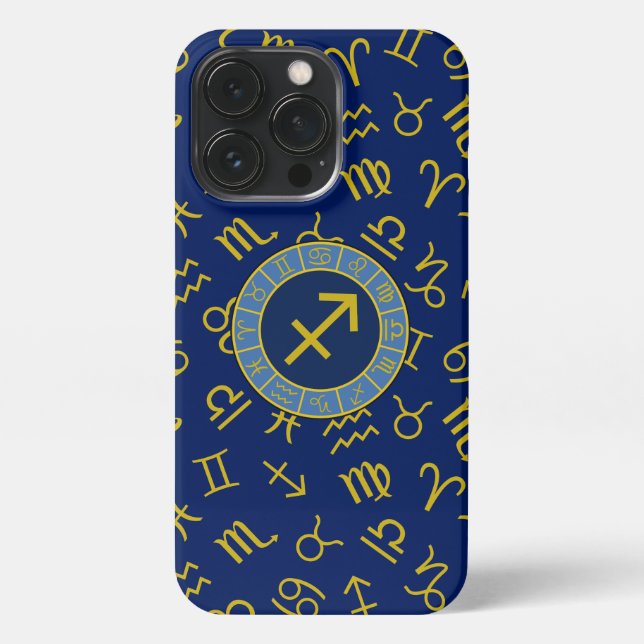Coque iPhone Sagittaire Zodiac+Astrologie Symboles Ptn Gld+Blue (Verso)