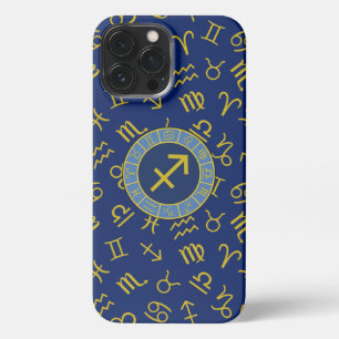 Etui iPhone 13 Pro Max Sagittaire Zodiac+Astrologie Symboles Ptn Gld+Blue