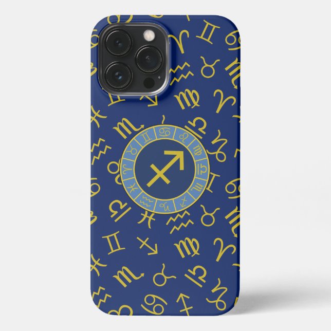 Coque iPhone Sagittaire Zodiac+Astrologie Symboles Ptn Gld+Blue (Verso)