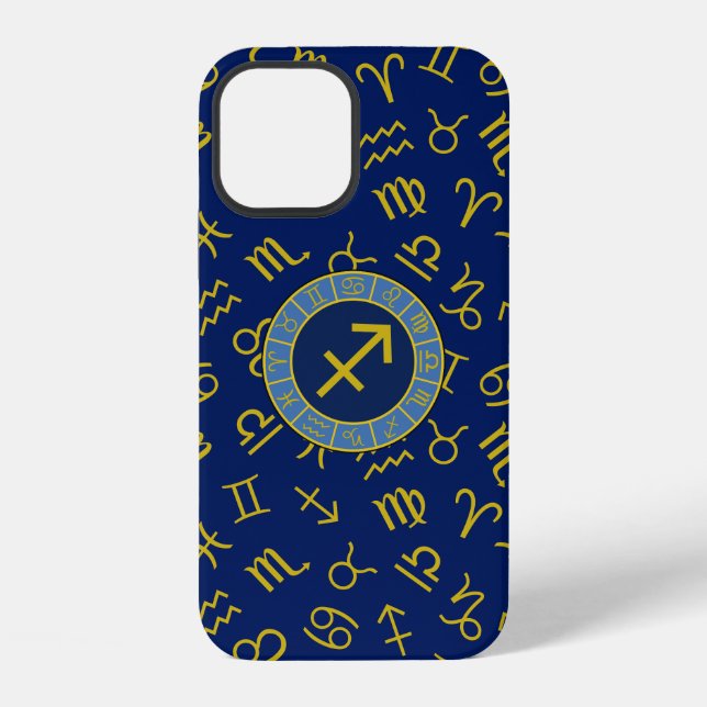 Coque iPhone Sagittarius Zodiac+Astrology Symbols Ptn Gld+Blues (Verso)