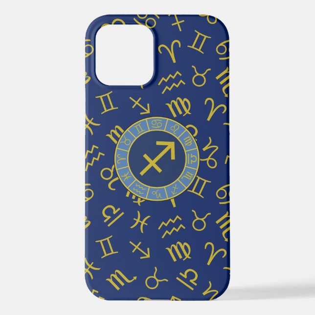 Coque iPhone Sagittarius Zodiac+Astrology Symbols Ptn Gld+Blues (Verso)