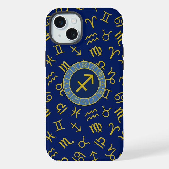 Coque iPhone Sagittarius Zodiac+Astrology Symbols Ptn Gld+Blues (Verso)