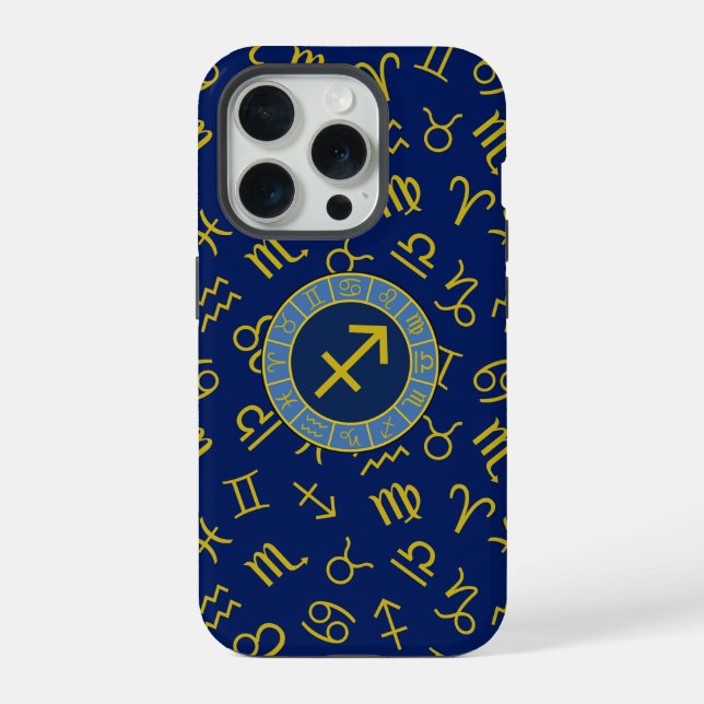 Coque iPhone Sagittarius Zodiac+Astrology Symbols Ptn Gld+Blues (Verso)