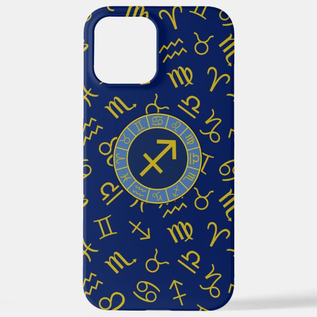 Coque iPhone Sagittarius Zodiac+Astrology Symbols Ptn Gld+Blues (Verso)