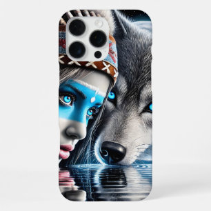 Coque iPhone 16 Pro Max Scène de réflexion d'Indien natif et de loup