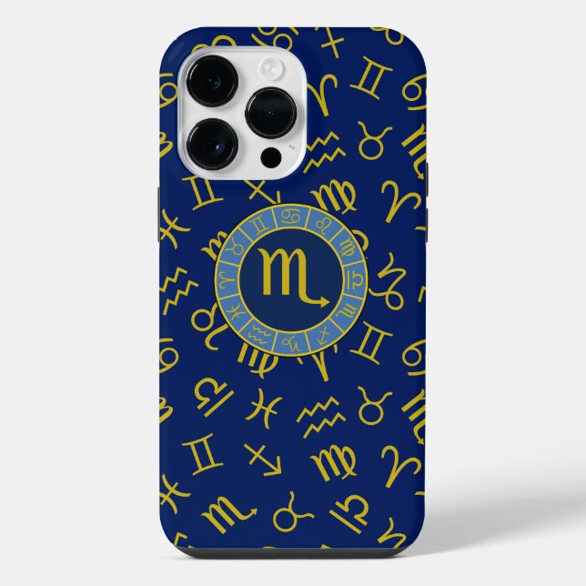 Coque iPhone Scorpio Zodiac+Astrologie Symboles Motif Gld+Blues (Verso)