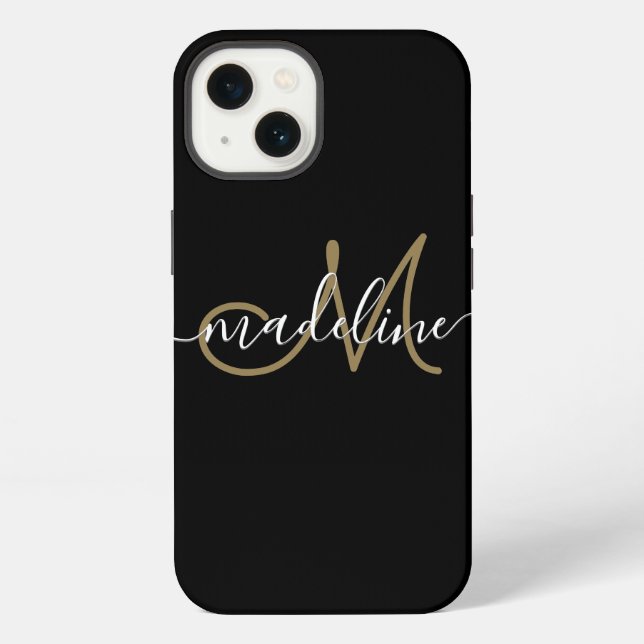 Coque iPhone Script moderne Monogramme Or noir (Verso)