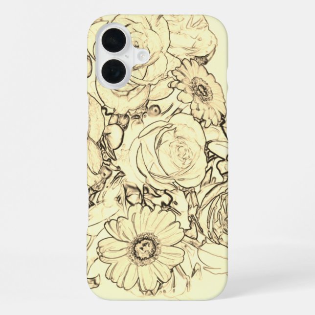 Coque iPhone Sepia Bouquet Outline Roses Daises (Verso)