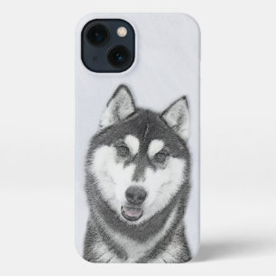 Etui iPhone 13 Sibérie Husky (noir et blanc) Peinture Chien Art