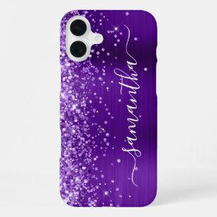 Coque iPhone 16 Plus Signature girly indigo violet pailleté