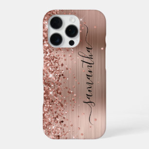 Coque iPhone 16 Pro Signature girly métallisé rose pailleté