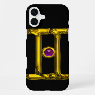 Coque iPhone 16 Plus Signe du zodiaque Gémeaux en or Alexandrite violet