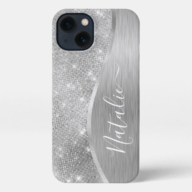 Coque iPhone Silver Glitter Glam Bling Personalized (Verso)