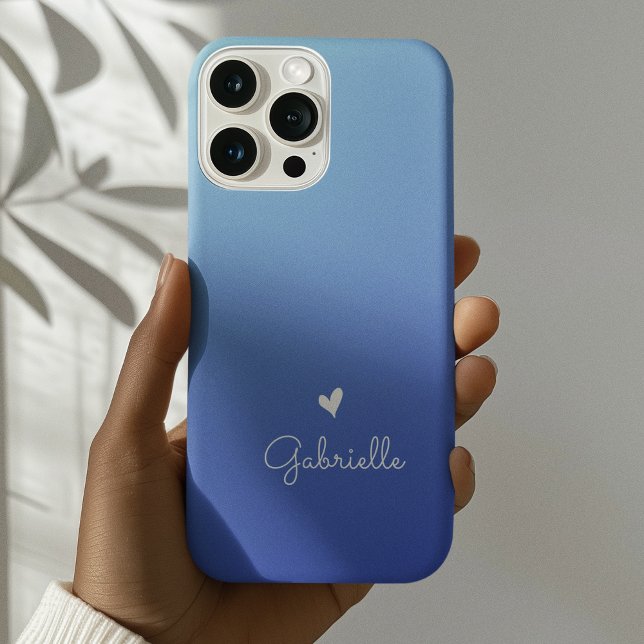 Coque iPhone Simple Blue Gradient Heart Minimal Nom du script (Créateur téléchargé)