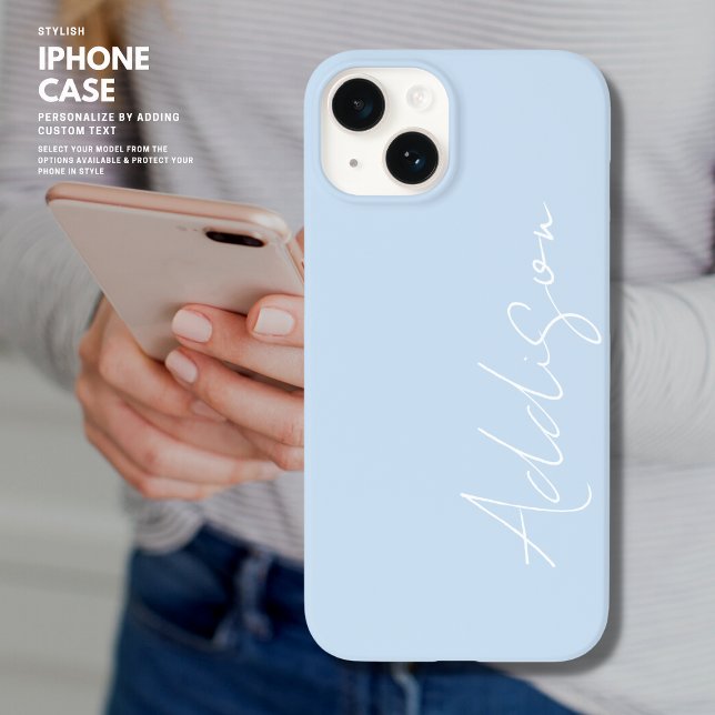 Coque iPhone Simple tendance Pale Bleu et Blanc Nom de script (Créateur téléchargé)