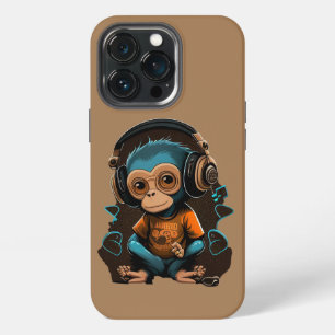 Etui iPhone 13 Pro Singe Mignon Écoutant de la Musique, Singe Immergé