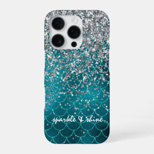 Coque iPhone 16 Pro Sirène personnalisée Teal Silver Sparkle