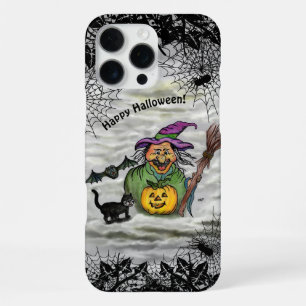 Coque iPhone 16 Pro Max Sorcière, Chat, Chauve-souris et Citrouille, Joyeu