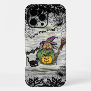 Coque iPhone 16 Pro Max Sorcière, Chat, Chauve-souris et Citrouille, Joyeu