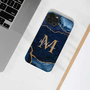 Coque Pour iPhone 14 Stylo Marine Blue Agate Geode Gold Script Monogram