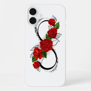 Coque iPhone 16 Plus Symbole d'infini avec roses rouges