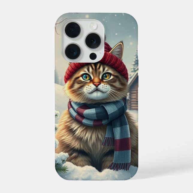 Coque iPhone Tabby Cat en hiver de Preppy Attire et Casquette (Verso)