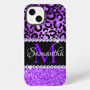 Etui iPhone 13 Taches de léopard noir et violet Glam Monogramme