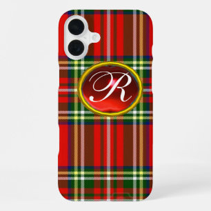 COQUE iPhone 16 PLUS TARTAN ÉCOSSAIS ET MONOGRAMME DE GEMME RUBIS ROUGE