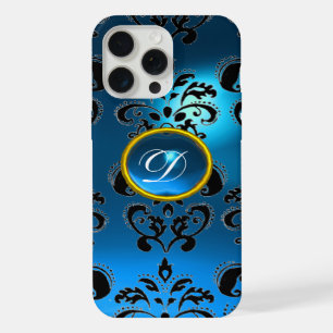 TEAL AQUA BLEU NOIR DAMAS PIERRE MONOGRAMME