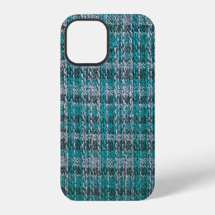 Coque iPhone 12 Tissu tartan turquoise, fond texturé.