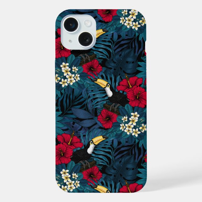 Coque iPhone Toucans et flore tropicale, verte et rouge (Verso)