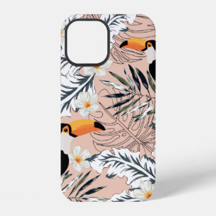Coque iPhone 12 Toucans, feuilles de palmier graphiques, fleurs de