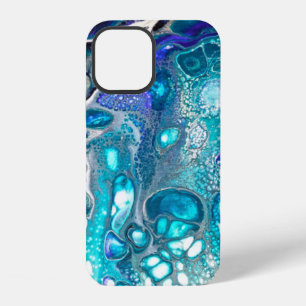 Coque iPhone 12 Tourbillon de cellules de peinture turquoise et bl