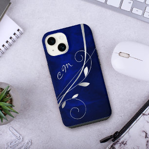 Coque Pour iPhone 14 Tourbillon de feuille d'argent Monogramme bleu roy