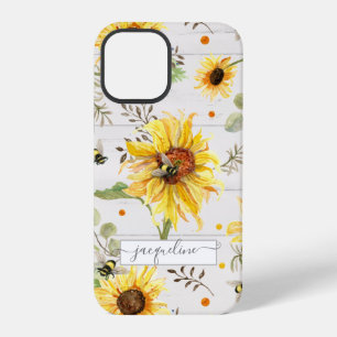 Coque iPhone 12 Pro Tournesol Gris Jaune Bourdon Écriture Rustique