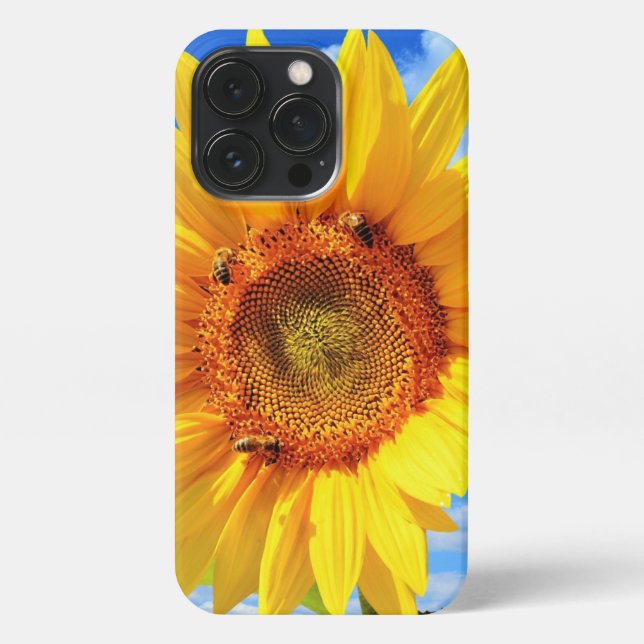 Coque iPhone Tournesol jaune et abeilles sur le ciel bleu coque (Verso)