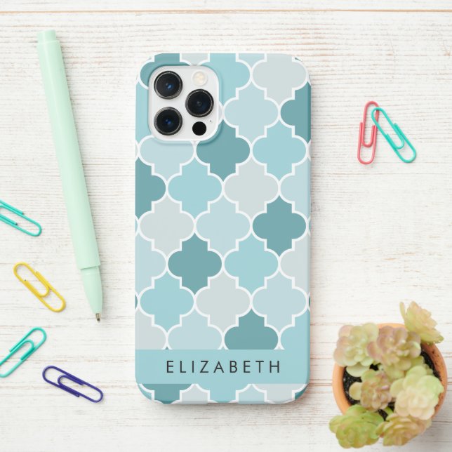 Coque iPhone Trellis Bleu Marocain, Quatrefoil, Votre Nom (Sur le bureau)