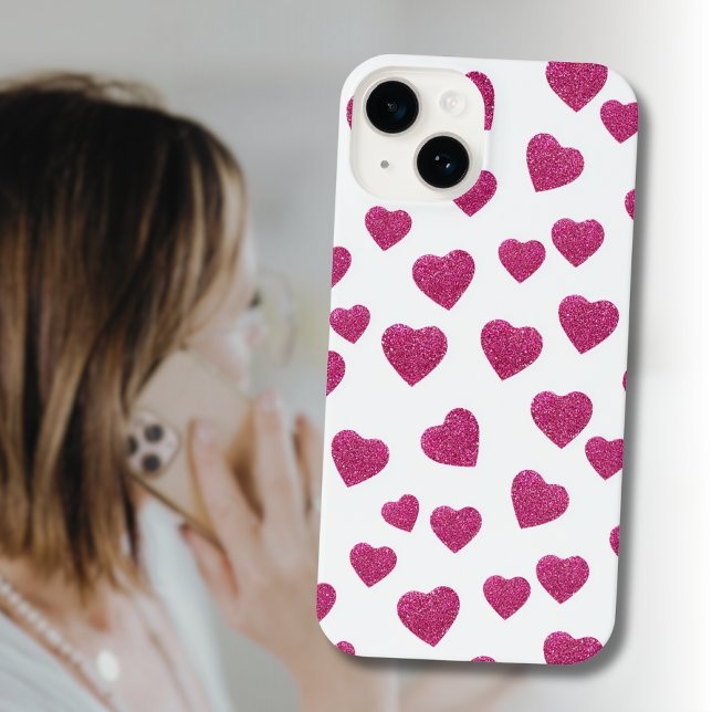 Coque iPhone Trendy Valentine Pink Glitter Hearts on White (Créateur téléchargé)