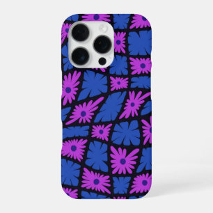 Coque iPhone 16 Pro Trippy super 60s Flower Checks bleu rose