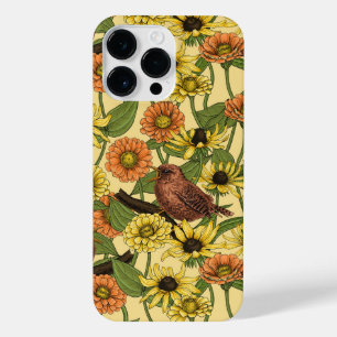 Coque Pour Pour iPhone 14 Pro Max Troglodytes et fleurs sur fond jaune pâle