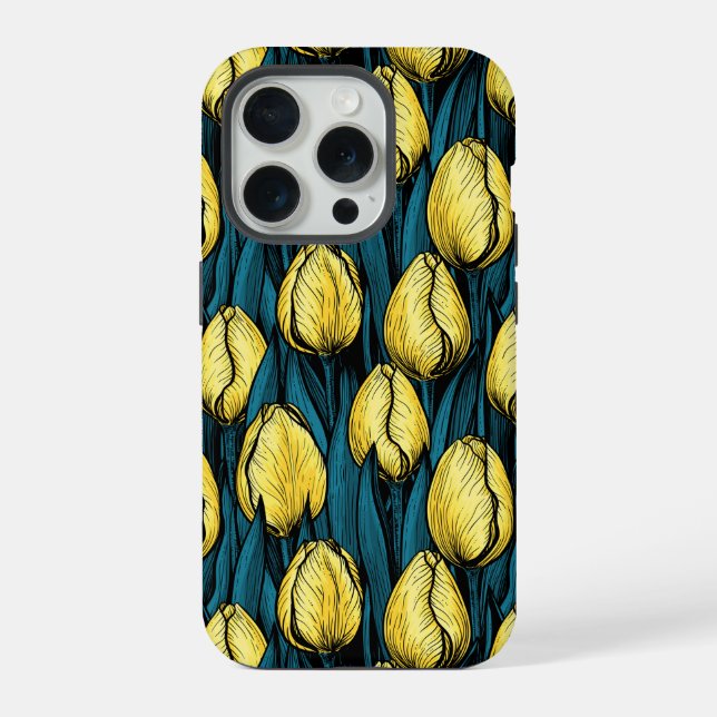 Coque iPhone Tulières jaunes avec feuilles bleus (Verso)