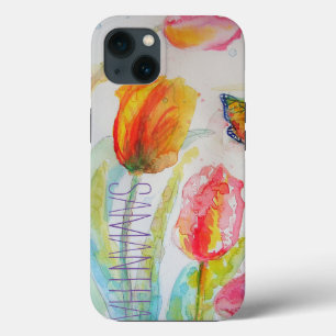 Etui iPhone 13 Tulipe rose Tulipes Aquarelle Nom de femme